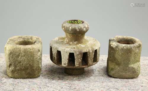 THREE WEATHERED STONE PLANTERS