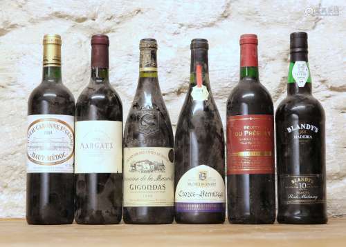 6 BOTTLES MIXED LOT INCLUDING GOOD CLARET, RHONE AND MADEIRA...