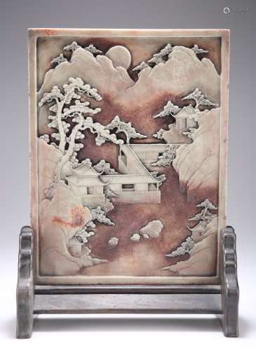 A CHINESE CARVED SOAPSTONE TABLE SCREEN, QING DYNASTY