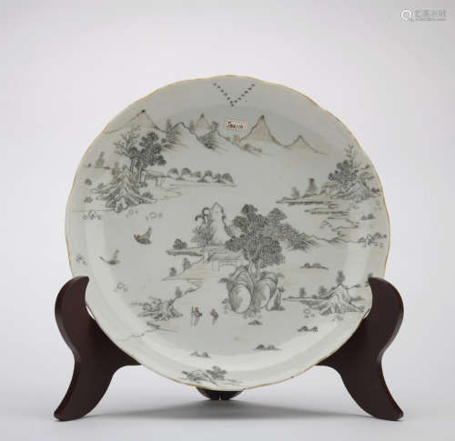 A Grisaille-painted 'riverscape' dish