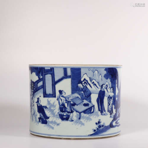 A blue and white 'figure' pen container