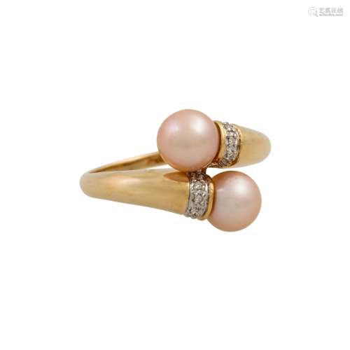 Ring mit 2 rosafarbenen Zuchtperlen ca. 7 mm und 6 Achtkantd...