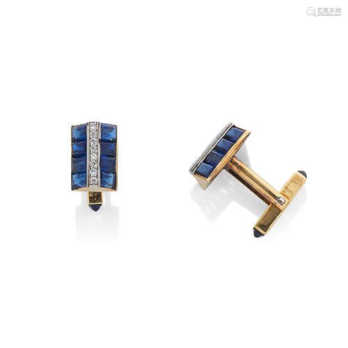 A PAIR OF SAPPHIRE AND DIAMOND CUFFLINKS, MID 20TH CENTURY