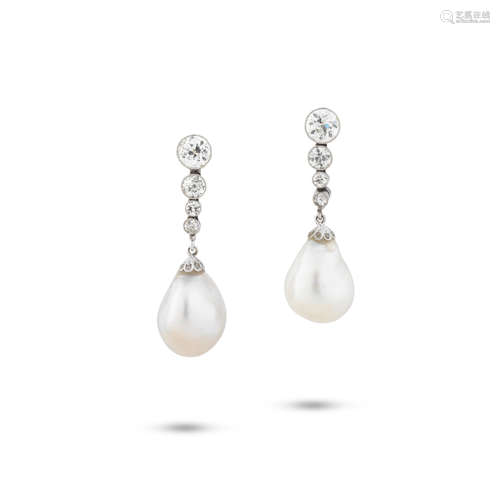 A PAIR OF NATURAL PEARL AND DIAMOND PENDENT EARRINGS