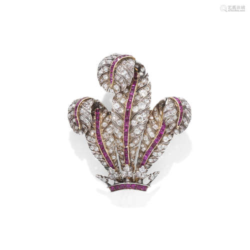 A RUBY AND DIAMOND TIARA ORNAMENT, CIRCA 1900