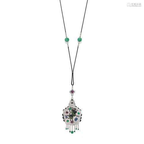 AN ART DECO MULTI GEM-SET AND DIAMOND PENDANT, CIRCA 1925 AN...