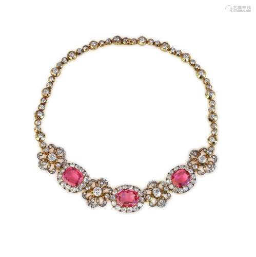 A 19TH CENTURY SPINEL AND DIAMOND NECKLACE AND BRACELET (2)