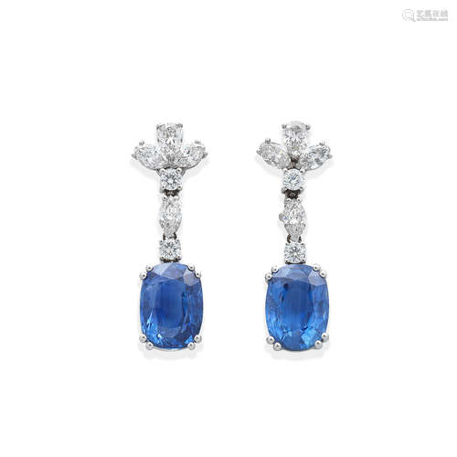 A PAIR OF SAPPHIRE AND DIAMOND PENDENT EARRINGS