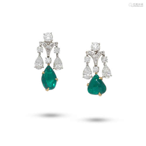 A PAIR OF EMERALD AND DIAMOND PENDENT EARRINGS, BY BULGARI