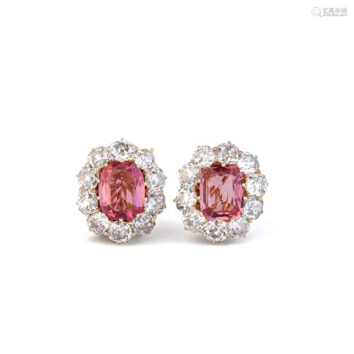 A PAIR OF SPINEL AND DIAMOND EARRINGS