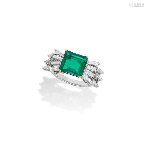 AN EMERALD AND DIAMOND RING, BY GARRARD