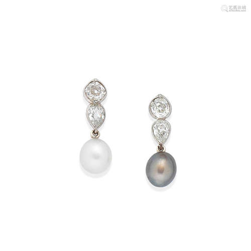 A PAIR OF PEARL AND DIAMOND PENDENT EARRINGS