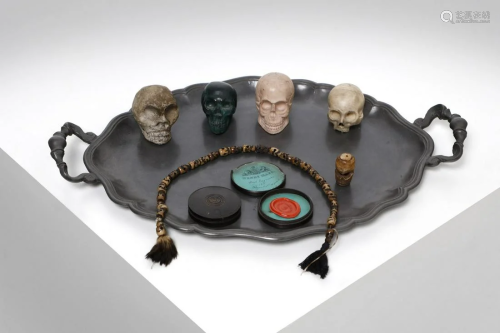 Wunderkammer Tray with small memento mori skulls and