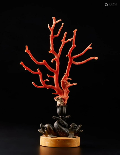 Naturalia A red coral branch on an antique bronze