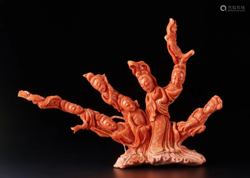 Arte Cinese A large red coral branch carved with five