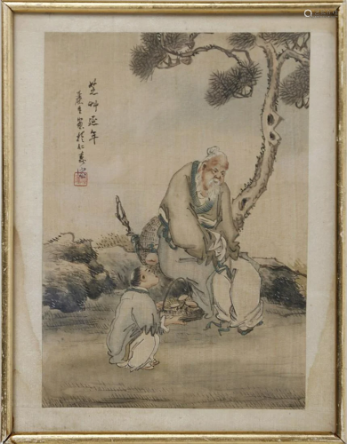 Arte Cinese A painting on silk depicting an elderly