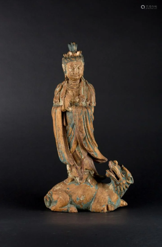 Arte Cinese A polychrome wooden figure of Bodhisattva