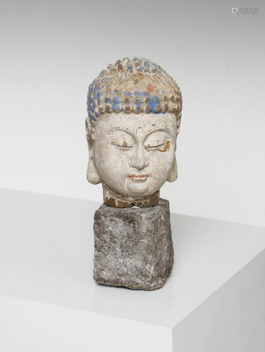 Arte Sud-Est Asiatico A wood painted head of Buddha