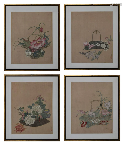 Arte Cinese A group of four paintings on silk