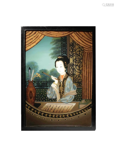 A Chinese reverse glass painting of an elegant lady