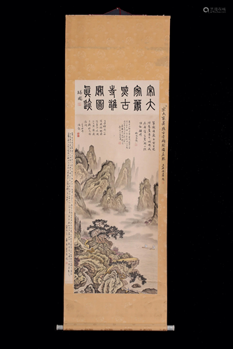 A Chinese scroll of a pavilion in a mountainuous river