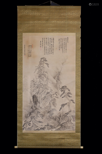 A Chinese scroll of pines in a mountainuous river