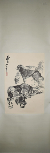 A Chinese scroll depicting three dogs