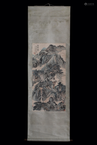 A Chinese scroll of a mountainous scenery with river