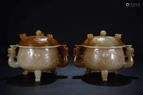 Two Chinese russet jade carvings of a censer