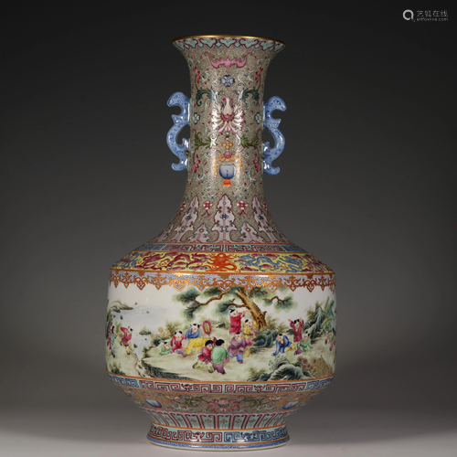 A famille rose double-eared vase, H 43 cm