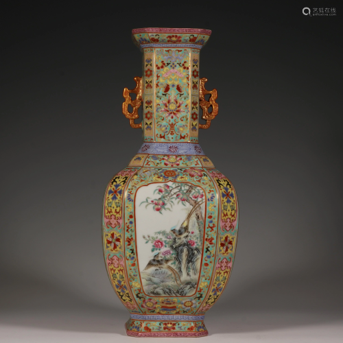 An enamel vase with flowers and birds and poems and