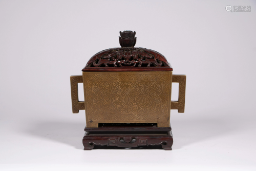 A Chinese bronze and silver thread rectangular censer