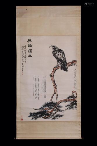 A Chinese scroll depicting an eagle on pine