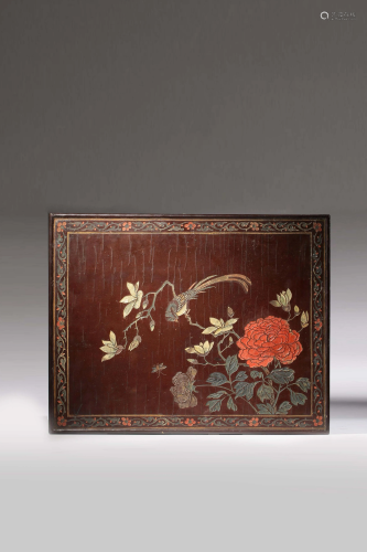 A Chinese wood panel with flower-shaped semi-precious