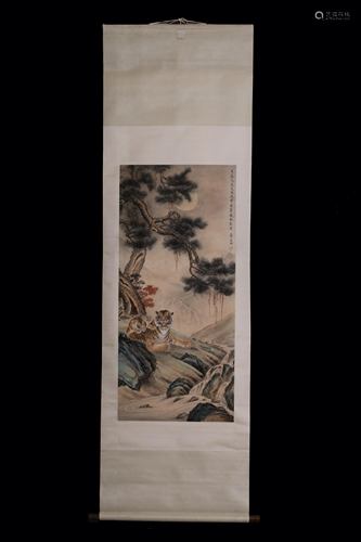 A Chinese scroll depicting tiger in the mountains