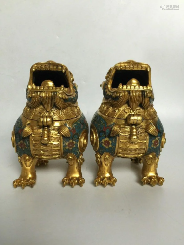 A pair of cloisonnÃ© enamelled bronze Luduan censers