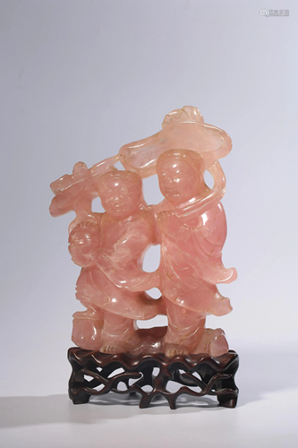 A Chinese rose quartz carved group