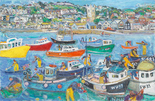 Linda Weir (British, born 1951) Fishermen, St Ives - Jostlin...