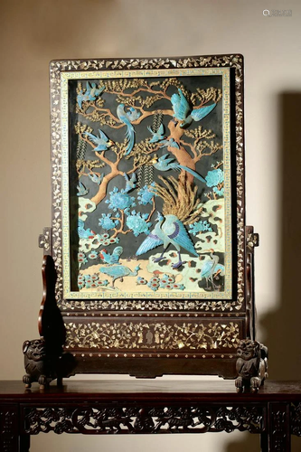 A Chinese rosewood and silver plaque table screen