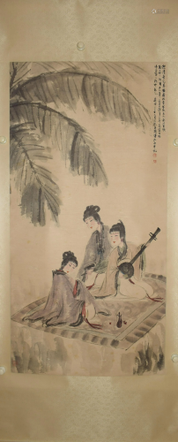 A Chinese scroll of three ladies making music