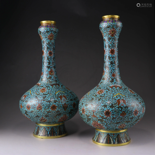 Two Chinese cloisonnÃ© enamelled suantouping vases