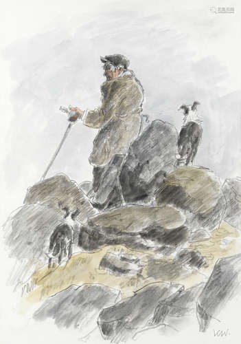 Sir Kyffin Williams R.A. (British, 1918-2006) Shepherd with ...