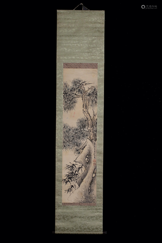 A Chinese scroll depicting pines in a rocky mountain