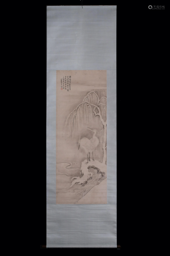 A Chinese scroll depicting a couple of cranes