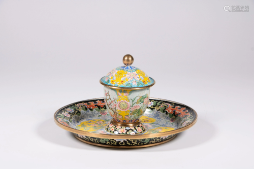 A fine Chinese Beijing enamel cup and cover on a tray