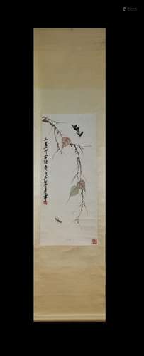 Qi Baishi Inscription, Insect and Leaf Vertical Painting