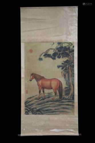 Lang Shining Inscription, Horse Painting, Vertical Silk Scro...