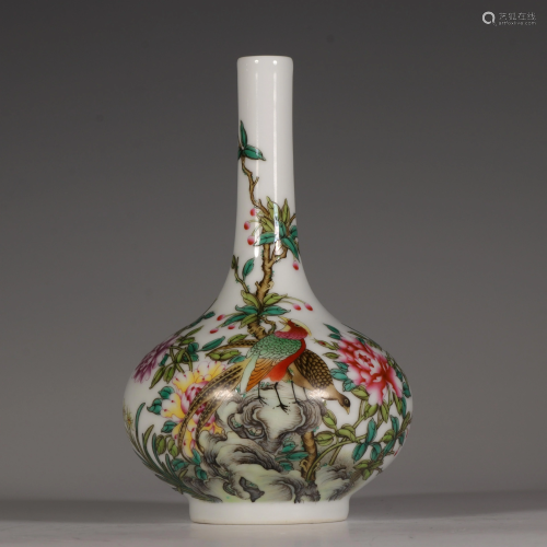 A enamel vase with flowers and birds in the Yongzheng