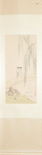 A Chinese scroll of a lady strolling over a bridge