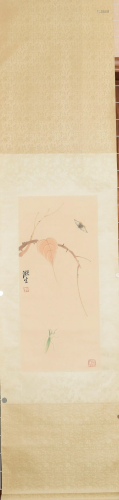 A Chinese scroll depicting insects under a bay leaf